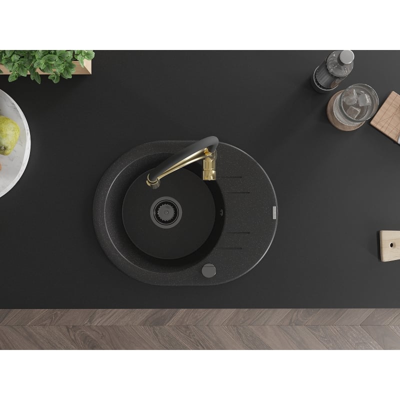 Mexen Kevin 1-bowl granite sink with drainer and Aster kitchen faucet, black/silver metallic - 6517-73-73450-57-B