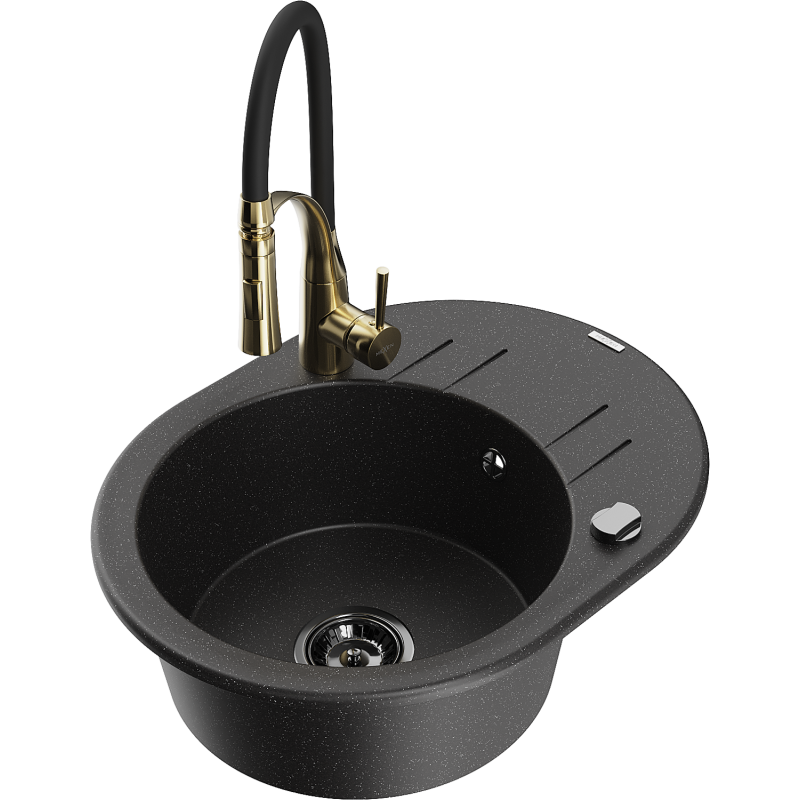 Mexen Kevin 1-bowl granite sink with drainer and Aster kitchen tap, black/silver metallic - 6517-73-73450-57-B