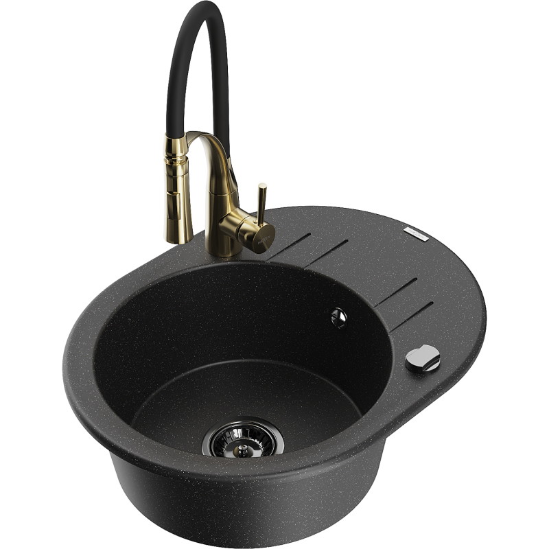 Mexen Kevin 1-bowl granite sink with drainer and kitchen faucet Aster, black/silver metallic - 6517-73-73450-57-B