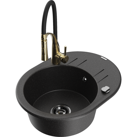Mexen Kevin 1-bowl granite sink with drainer and Aster kitchen faucet, black/silver metallic - 6517-73-73450-57-B