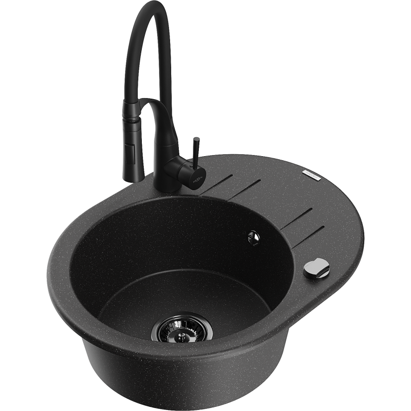 Mexen Kevin 1-compartment granite sink with a drip tray and kitchen mixer tap Aster, Black/Silver metallic - 6517-73-73450-70-B