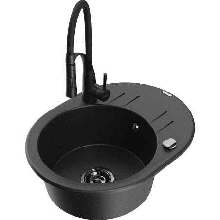 Mexen Kevin 1-bowl granite kitchen sink with drainer and Aster kitchen faucet, black/silver metallic - 6517-73-73450-70-B