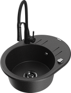 Mexen Kevin granite kitchen sink 1-bowl with drainer and Aster kitchen faucet, black/silver metallic - 6517-73-73450-70-B