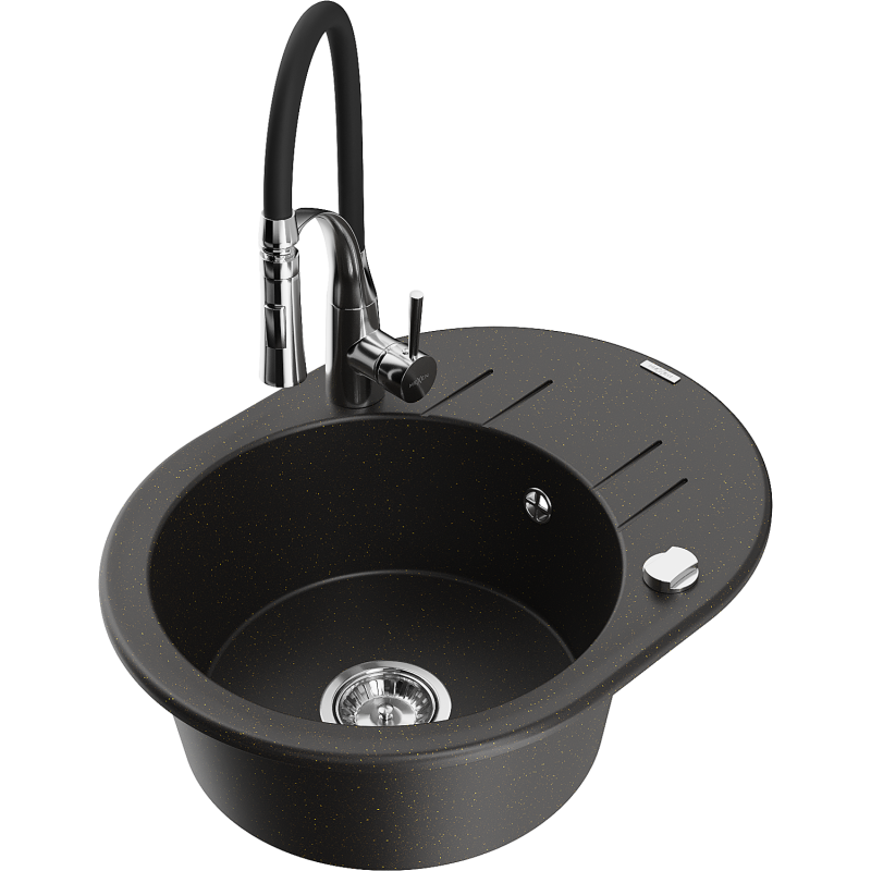 Mexen Kevin 1-bowl granite sink with drainer and Aster kitchen tap, black/gold metallic - 6517-75-73450-07