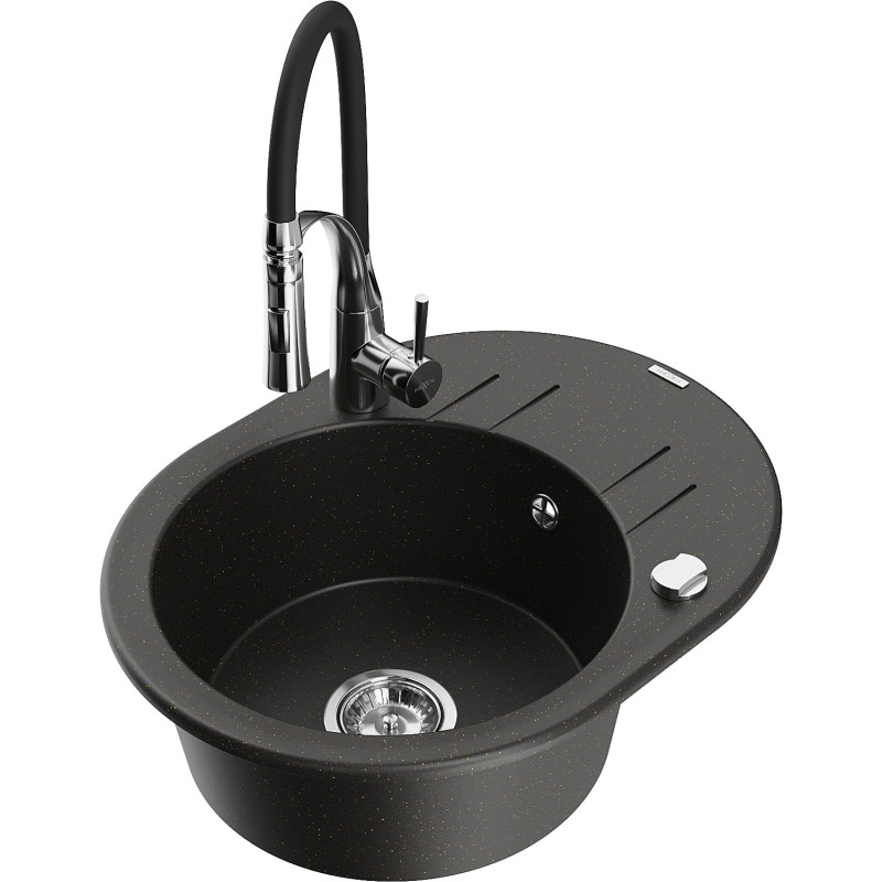 Mexen Kevin granite kitchen sink 1-bowl with drainer and kitchen faucet Aster, black/gold metallic - 6517-75-73450-07