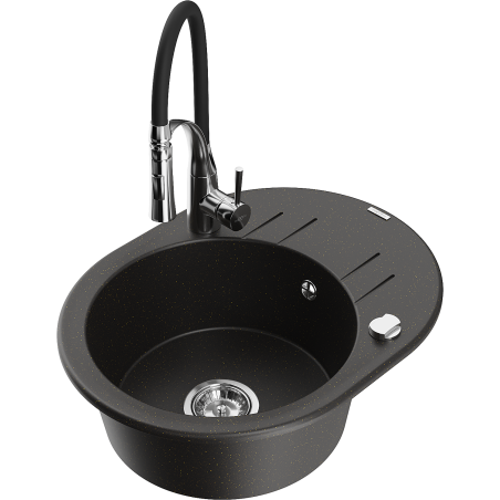 Mexen Kevin 1-bowl granite sink with drainer and Aster kitchen tap, black/gold metallic - 6517-75-73450-07