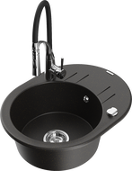 Mexen Kevin granite sink 1-bowl with drainer and Aster kitchen faucet, black/gold metallic - 6517-75-73450-07