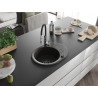 Mexen Kevin 1-bowl granite sink with drainer and Aster kitchen faucet, black/gold metallic - 6517-75-73450-07-B
