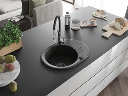 Mexen Kevin 1-bowl granite sink with drainer and Aster kitchen faucet, black/gold metallic - 6517-75-73450-07-B