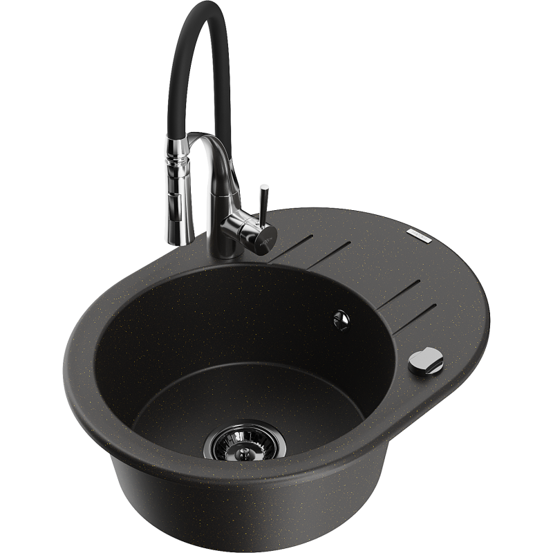 Mexen Kevin 1-bowl granite sink with drainer and Aster kitchen tap, black/gold metallic - 6517-75-73450-07-B