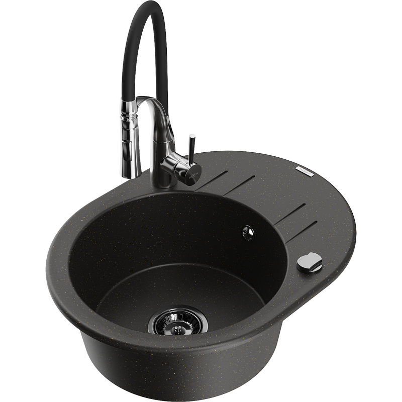 Mexen Kevin 1-compartment granite sink with a drip tray and kitchen mixer tap Aster, Black/Gold metallic - 6517-75-73450-07-B