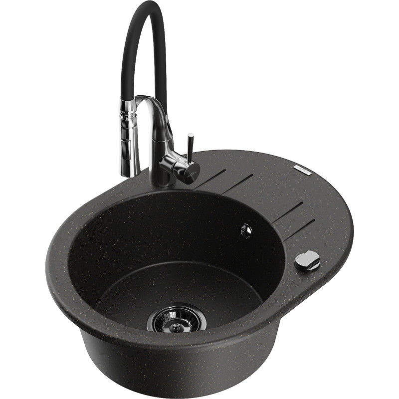 Mexen Kevin granite kitchen sink 1-bowl with drainer and kitchen faucet Aster, black/gold metallic - 6517-75-73450-07-B