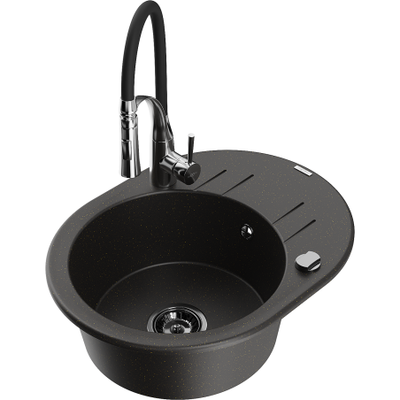 Mexen Kevin granite kitchen sink 1-bowl with drainer and kitchen faucet Aster, black/gold metallic - 6517-75-73450-07-B