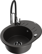 Mexen Kevin 1-bowl granite sink with drainer and Aster kitchen faucet, black/gold metallic - 6517-75-73450-07-B
