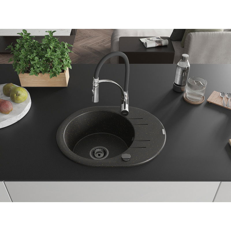 Mexen Kevin 1-bowl granite sink with drainer and Aster kitchen tap, black/gold metallic - 6517-75-73450-07-B