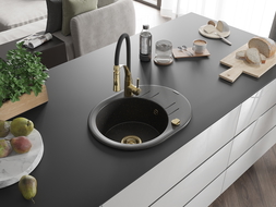 Mexen Kevin single-bowl granite sink with drainer and Aster kitchen tap, black/gold metallic - 6517-75-73450-57-G