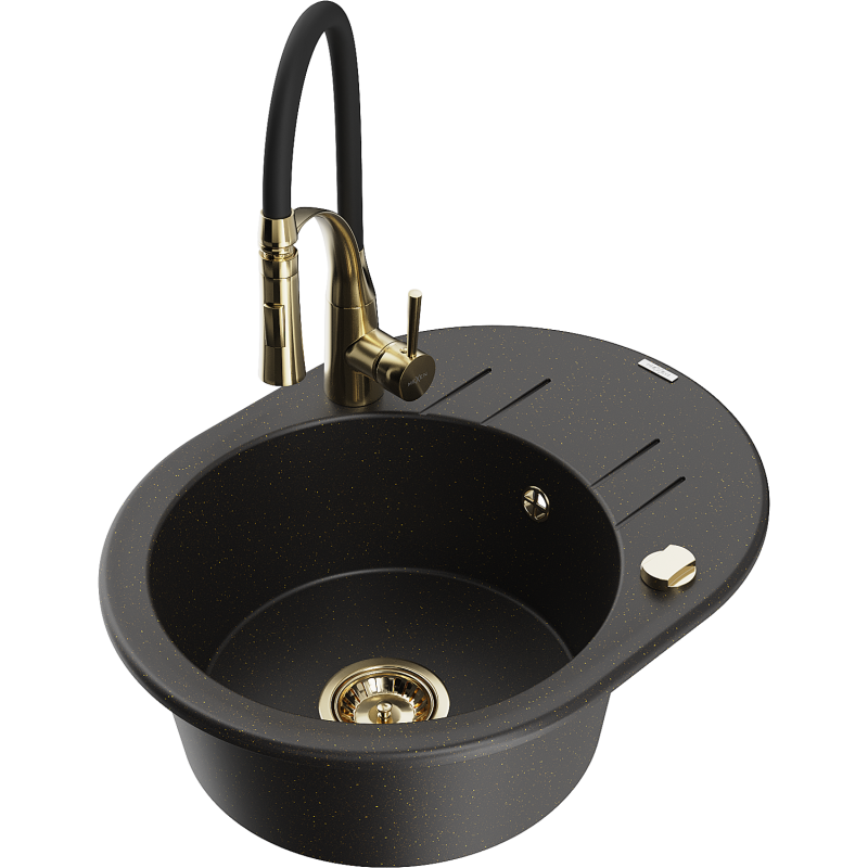 Mexen Kevin single-bowl granite sink with drainer and Aster kitchen tap, black/gold metallic - 6517-75-73450-57-G