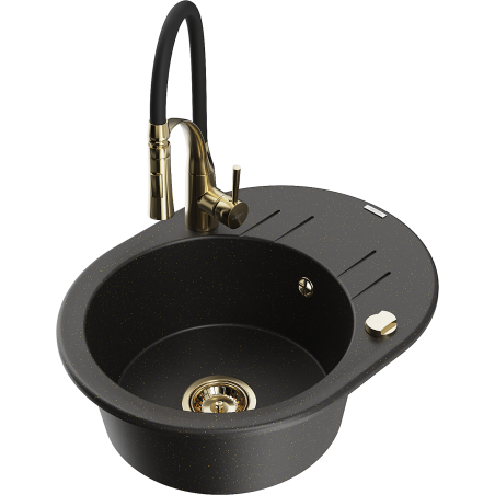 Mexen Kevin single-bowl granite sink with drainer and Aster kitchen tap, black/gold metallic - 6517-75-73450-57-G