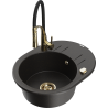 Mexen Kevin single-bowl granite sink with drainer and Aster kitchen tap, black/gold metallic - 6517-75-73450-57-G