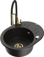 Mexen Kevin single-bowl granite sink with drainer and Aster kitchen tap, black/gold metallic - 6517-75-73450-57-G