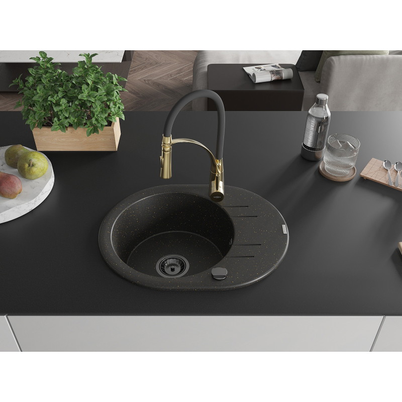 Mexen Kevin granite kitchen sink 1-bowl with drainer and Aster kitchen faucet, black/golden metallic - 6517-75-73450-57-B