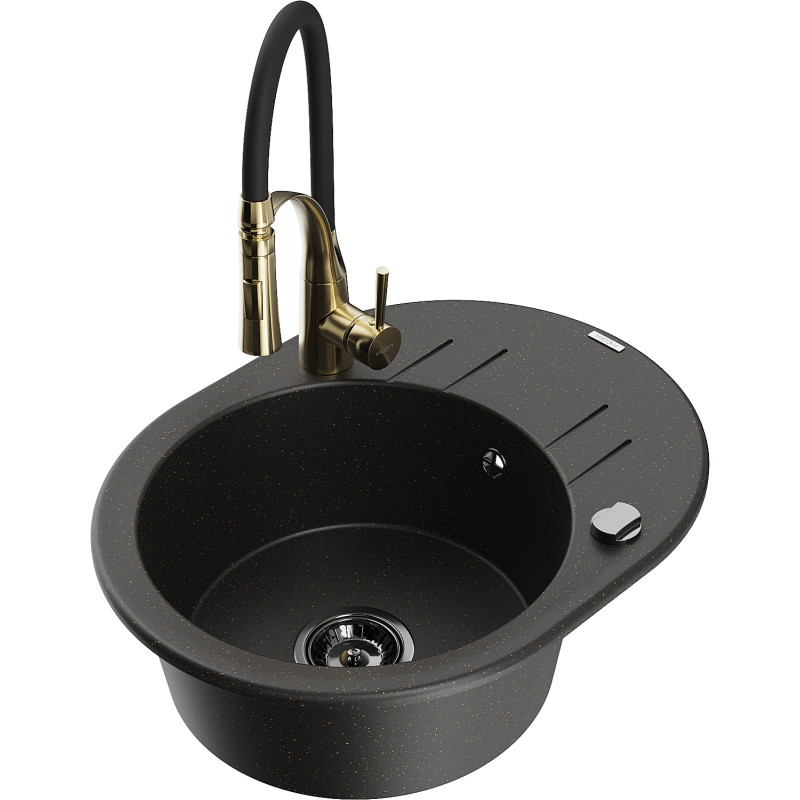 Mexen Kevin 1-Bowl Granite Kitchen Sink with Drainer and Aster Faucet, Black/Gold Metallic - 6517-75-73450-57-B