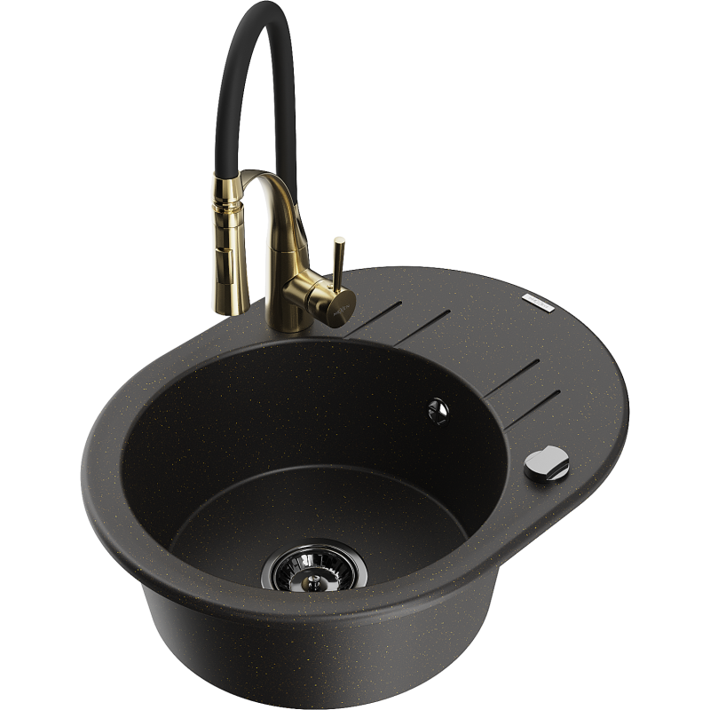 Mexen Kevin 1-bowl granite sink with drainer and Aster kitchen tap, black/gold metallic - 6517-75-73450-57-B