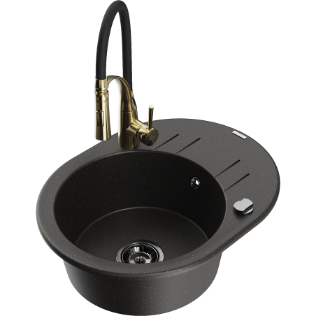 Mexen Kevin 1-Bowl Granite Kitchen Sink with Drainer and Aster Faucet, Black/Gold Metallic - 6517-75-73450-57-B