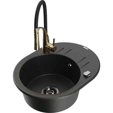 Mexen Kevin 1-bowl granite sink with drainer and Aster kitchen tap, black/gold metallic - 6517-75-73450-57-B