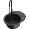Mexen Kevin granite kitchen sink 1-bowl with drainer and Aster kitchen faucet, black/golden metallic - 6517-75-73450-57-B