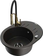 Mexen Kevin 1-bowl granite sink with drainer and Aster kitchen tap, black/gold metallic - 6517-75-73450-57-B