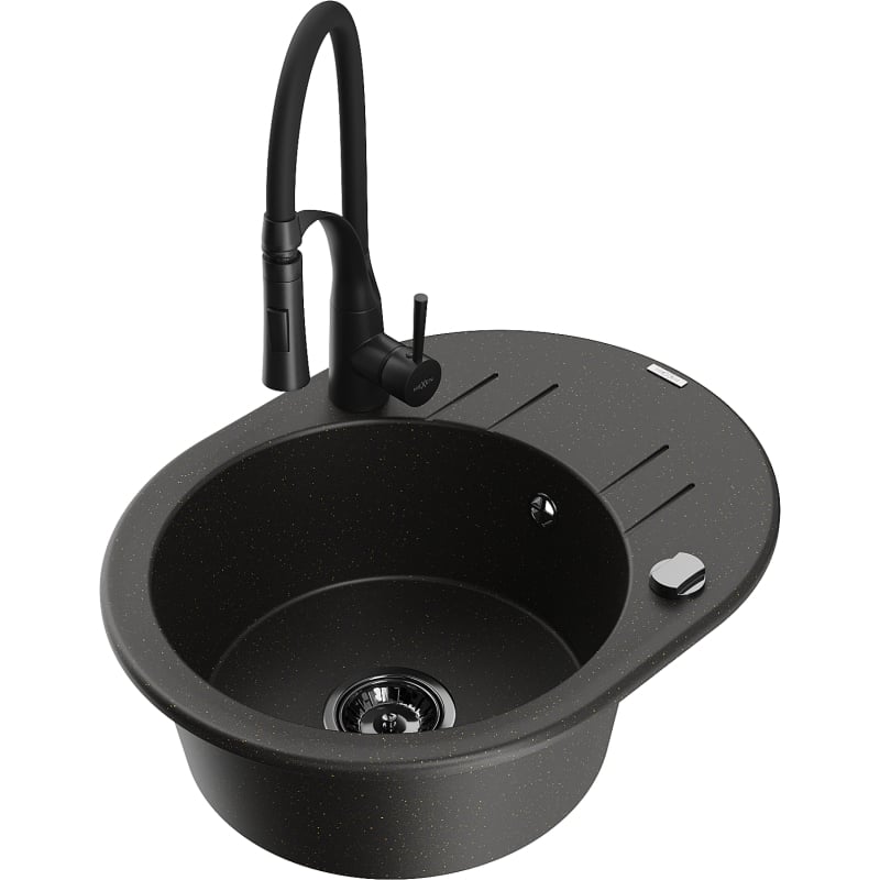 Mexen Kevin granit kitchen sink 1-bowl with drainer and Aster kitchen faucet, black/gold metallic - 6517-75-73450-70-B
