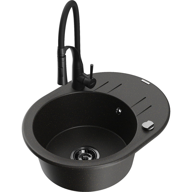 Mexen Kevin Granite Kitchen Sink 1-Bowl with Drainer and Aster Kitchen Faucet, Black/Gold Metallic - 6517-75-73450-70-B