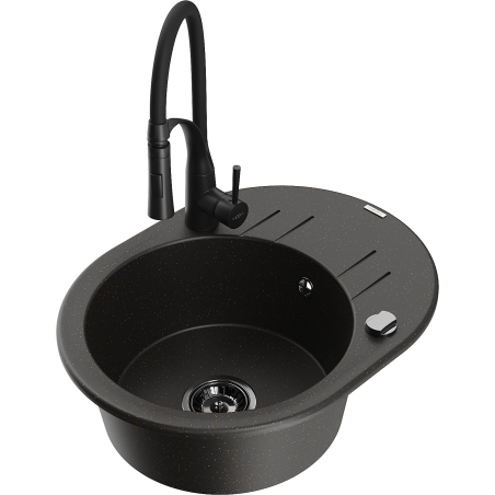 Mexen Kevin granit kitchen sink 1-bowl with drainer and Aster kitchen faucet, black/gold metallic - 6517-75-73450-70-B