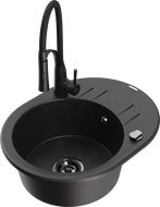 Mexen Kevin Granite Kitchen Sink 1-Bowl with Drainer and Aster Kitchen Faucet, Black/Gold Metallic - 6517-75-73450-70-B