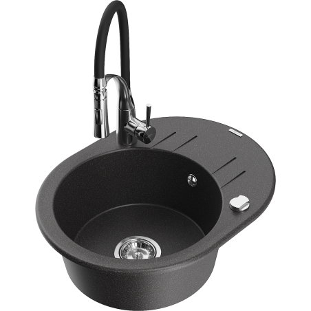 Mexen Kevin 1-bowl granite sink with drainer and Aster kitchen faucet, speckled black - 6517-76-73450-07