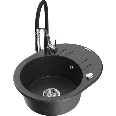Mexen Kevin granite sink 1-bowl with drainer and Aster kitchen tap, black speckled - 6517-76-73450-07