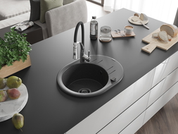 Mexen Kevin granite sink 1-bowl with drainer and Aster kitchen tap, black spotted - 6517-76-73450-07-B