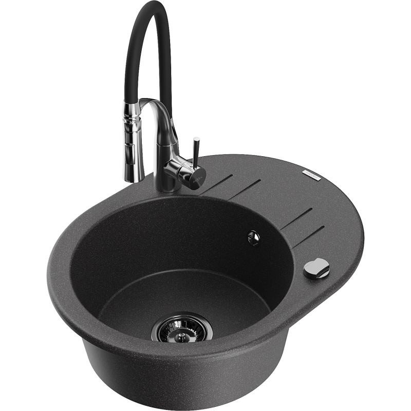 Mexen Kevin 1-bowl Granite Sink with Drainer and Aster Kitchen Faucet, Speckled Black - 6517-76-73450-07-B
