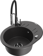 Mexen Kevin granite sink 1-bowl with drainer and Aster kitchen tap, black spotted - 6517-76-73450-07-B
