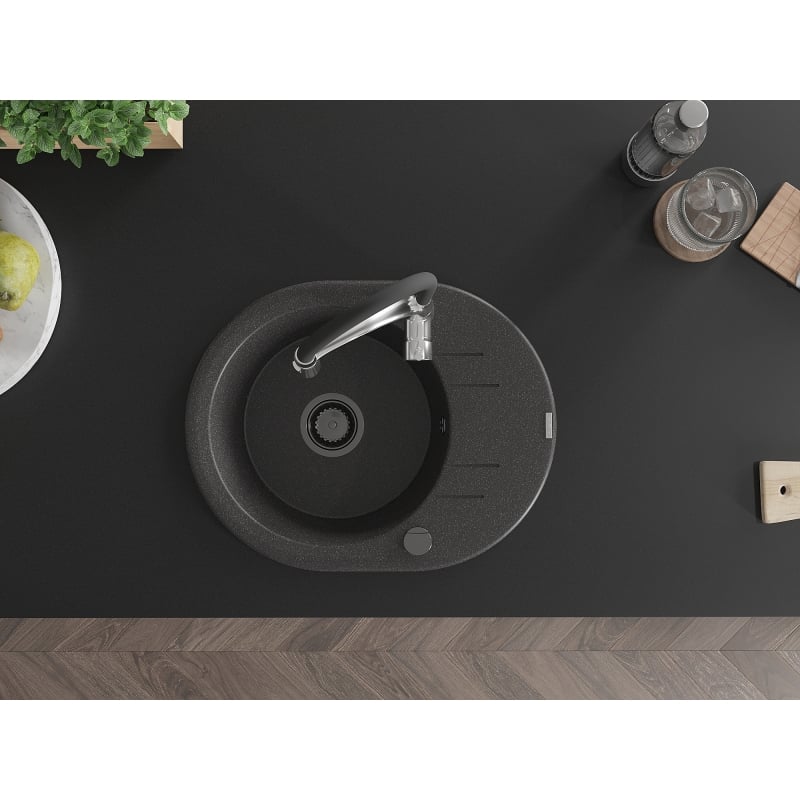 Mexen Kevin granite kitchen sink 1-bowl with drainer and kitchen faucet Aster, black speckled - 6517-76-73450-07-B