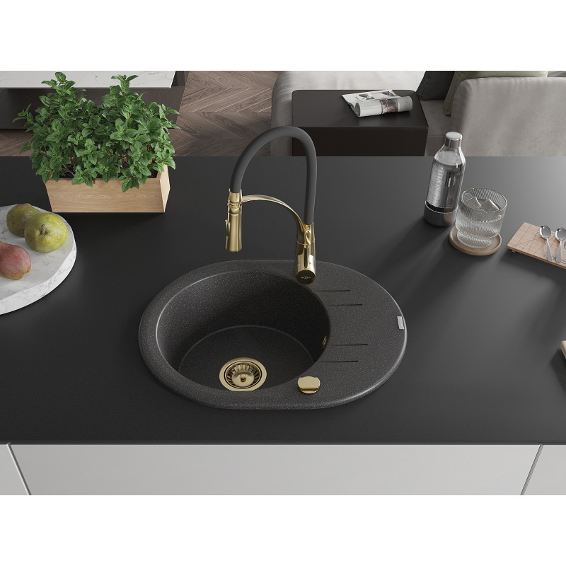 Mexen Kevin granite kitchen sink 1-bowl with drainer and Aster kitchen faucet, black speckled - 6517-76-73450-57-G