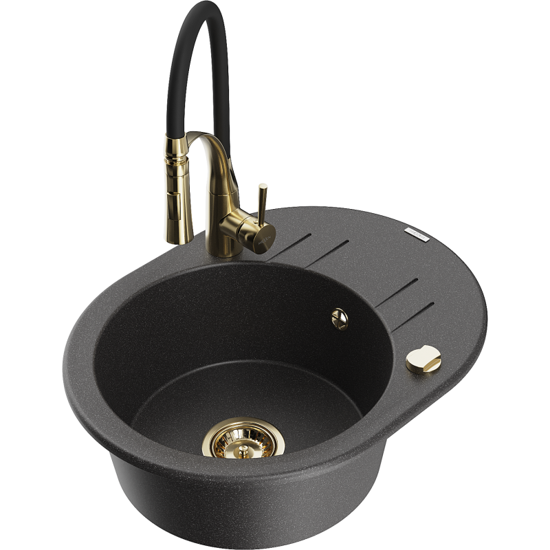 Mexen Kevin 1-compartment granite sink with a drip tray and kitchen mixer tap Aster, spotted black - 6517-76-73450-57-G