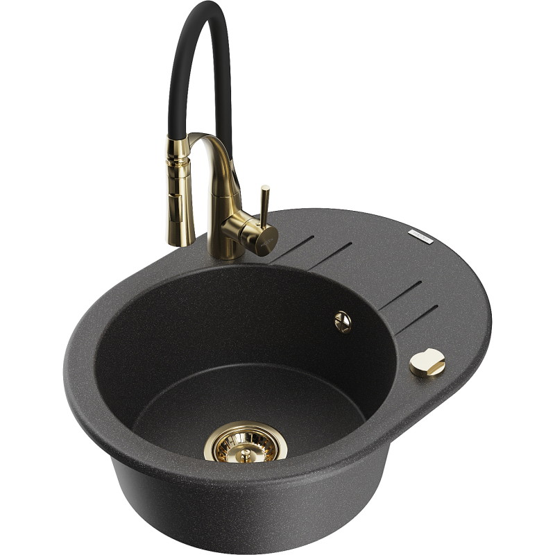 Mexen Kevin granite sink 1-bowl with drainer and kitchen faucet Aster, black speckled - 6517-76-73450-57-G