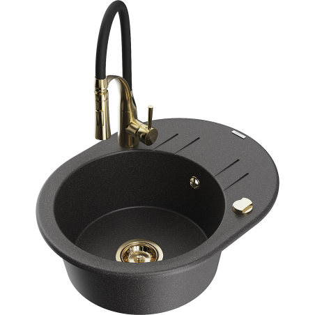 Mexen Kevin granite kitchen sink 1-bowl with drainer and Aster kitchen faucet, black speckled - 6517-76-73450-57-G