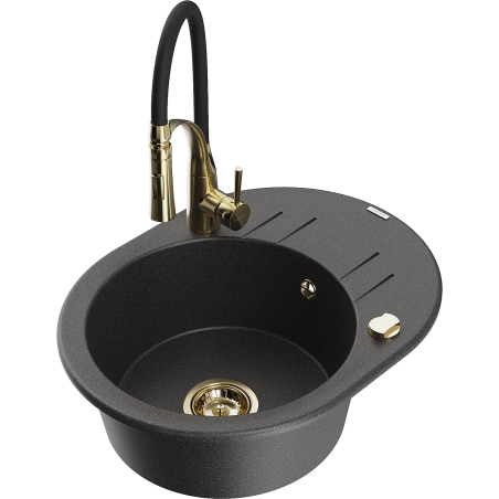 Mexen Kevin granite sink 1-bowl with drainer and Aster kitchen tap, black speckled - 6517-76-73450-57-G