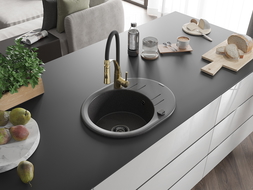 Mexen Kevin 1-compartment granite sink with a drip tray and kitchen mixer tap Aster, spotted black - 6517-76-73450-57-B