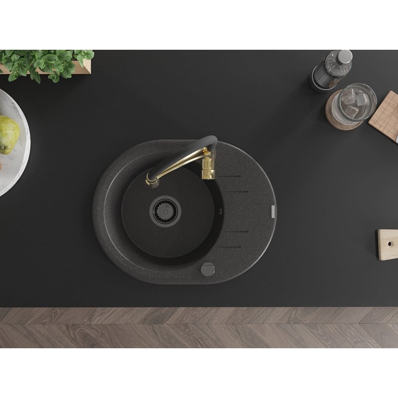 Mexen Kevin 1-bowl granite sink with drainer and Aster kitchen faucet, speckled black - 6517-76-73450-57-B