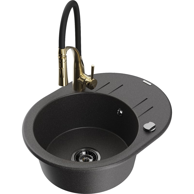 Mexen Kevin 1-bowl granite sink with drainer and Aster kitchen faucet, speckled black - 6517-76-73450-57-B