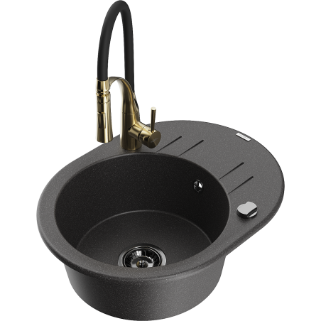 Mexen Kevin 1-bowl granite sink with drainer and Aster kitchen faucet, speckled black - 6517-76-73450-57-B